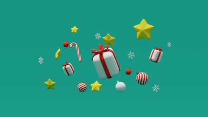Christmas ornaments isolated on green background, Winter Xmas, 3d rendering