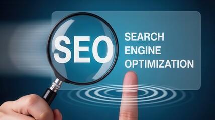 Magnifying glass highlights search engine optimization concept on digital interface