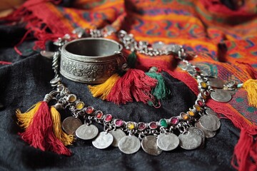 Ethnic amazigh Jewelry Set: Silver Necklace, Bracelet, and Shawl
