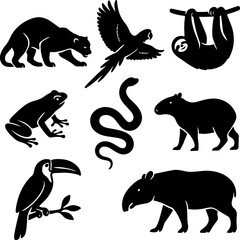 Naklejka premium Silhouette collection of amazon rainforest animals jaguar macaw sloth frog snake capybara toucan tapir representing biodiversity and wildlife of the amazon