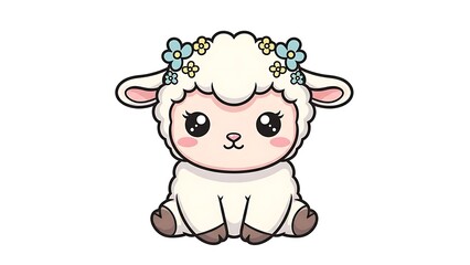 Fototapeta premium Kawaii Lamb with Flower Crown: Cute Cartoon Illustration
