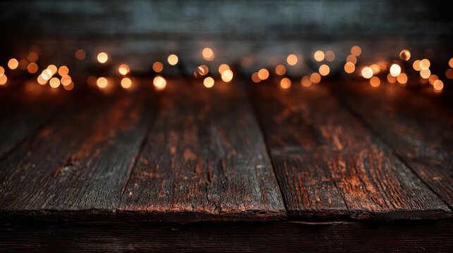 Warm glowing bokeh lights softly illuminating a rustic dark wooden table surface with a shallow depth of field - Powered by Adobe