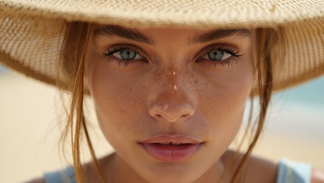 Close-up of a woman in a straw hat showing freckles, green eyes and soft skin