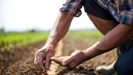 Farmer hands plant seeds in warm soil, guiding field work with careful attention.