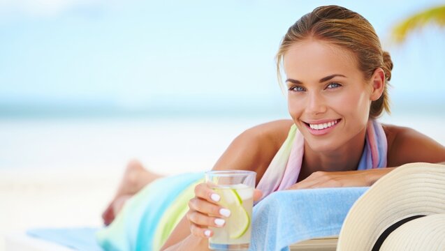 Smiling woman reclining on beach lounger holding a refreshing lemon drink