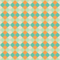 Pattern created from pale orange, teal, green and beige diamonds