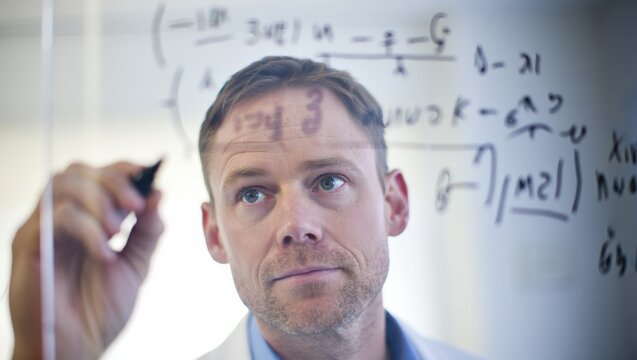 Thoughtful physicist writes complex equations on glass board during research