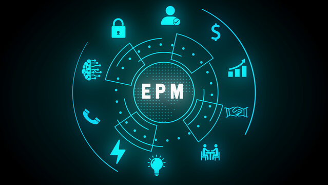 Blue EPM enterprise performance management infographic with icons and circular diagram graphic design
