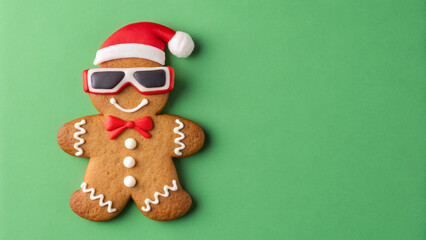 Festive gingerbread man wearing sunglasses and a Santa hat on a bright green background