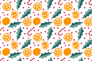 Festive seamless pattern featuring oranges, orange slices, holly leaves and candy canes for holiday designs, Christmas decorations, winter projects. Hand drawn doodle vector Repeated print