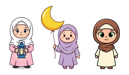 Ramadan Kids Cartoon Character Illustration Set