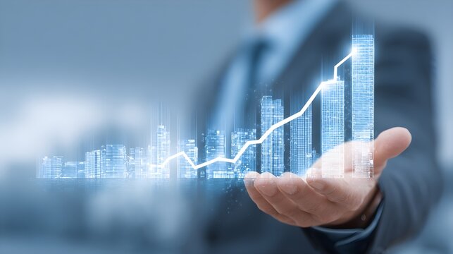 Businessman holding virtual graph showing real estate market growth, professional suit, modern office skyline background, clean crisp visuals, high detail 