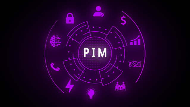 Purple Circular HUD with PIM acronym and business icons on dark background product information management