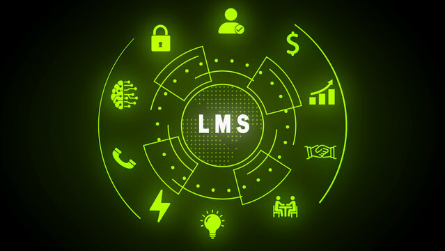 Green Circular HUD with LMS acronym and business icons on dark background learning management system