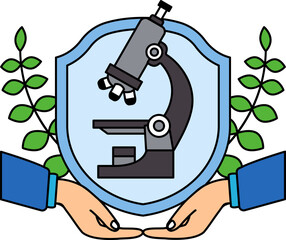 two hand holding a shield with a microscope