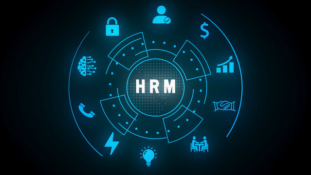 Blue HRM concept diagram with icons representing business, technology, and finance on a dark background