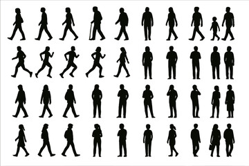 Diverse people silhouettes walking running and standing in dynamic and static poses