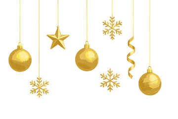 Golden Christmas ornaments baubles star and snowflakes hanging on strings isolated on white