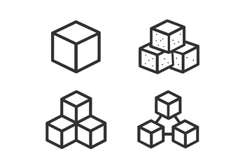 Set of four abstract cube icons symbolizing structure, data, and modular design concepts