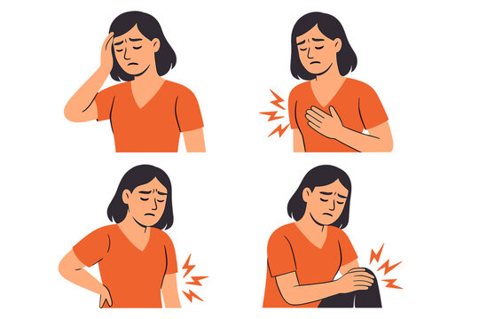 Woman suffering from body pains including headache, chest discomfort, backache, and knee joint symptoms