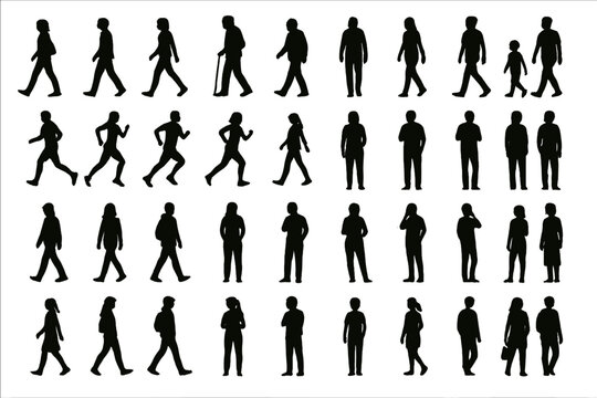 Diverse people silhouettes walking running and standing in dynamic and static poses