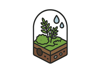 Detailed cross section of a miniature ecosystem inside a glass dome showing plants and soil layers