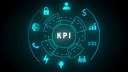 Cyan KPI Business Performance Indicator Concept with Icons and Circular Diagram Key Performance Indicator
