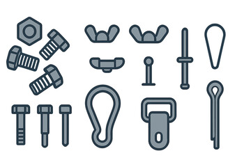 Essential mechanical fastening elements including bolts, nuts, clips, and specialized metal pins