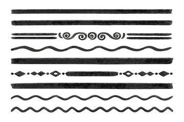 Set of hand-drawn textured brush stroke dividers and decorative border elements