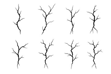 Eight separate vertical branching cracks and fissures creating a distressed texture effect