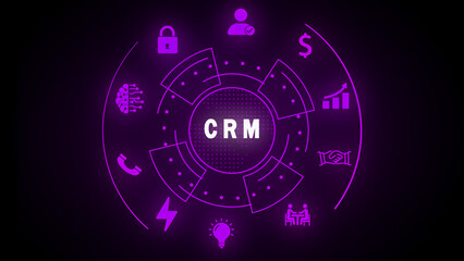 CRM Concept with Icons in Circular Diagram Purple Neon Glow on Black Background Keywords: crm, customer relationship management, business, digital, concept, diagram, circular, glowing, neon