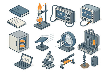 Isometric icons representing laboratory instruments, research tools, and scientific apparatus
