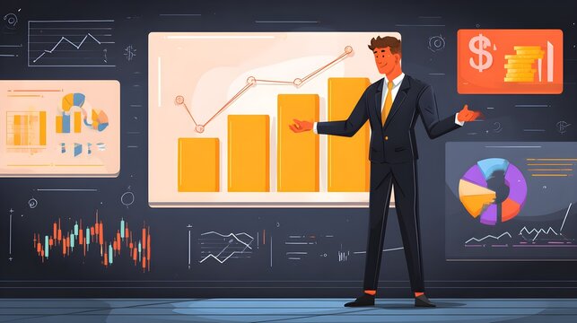 Businessman presenting profit chart goals, financial tax and inflation statistics, wealth management dashboard, stock market and trading success, business innovation and strategic planning theme 