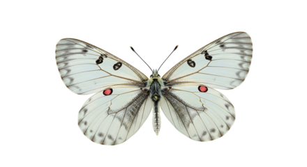 Detailed studio shot of a delicate white butterfly showcasing its intricate wing patterns and vibrant red spots, beautifully isolated on a clean white background