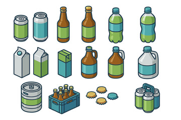 Isometric set of various beverage packaging containers including bottles cans cartons and kegs