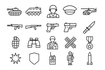 Military army equipment, weapons, vehicles, and personnel symbols collection