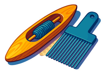 Traditional wooden weaving shuttle, blue yarn bobbin, and textile comb tool