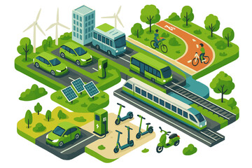 Sustainable urban transportation system with electric vehicles, public transit, and renewable energy sources