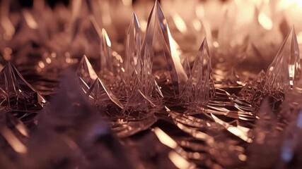 Abstract macro view of sharp, translucent crystals or ice spikes growing, reflecting warm amber and cool blue light in a dramatic, dark environment. - Powered by Adobe