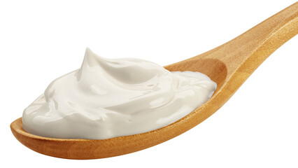 Sour Cream on wooden spoon, mayonnaise, yogurt, isolated, full depth of field