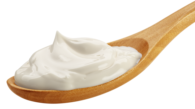 Sour Cream on wooden spoon, mayonnaise, yogurt, isolated, full depth of field