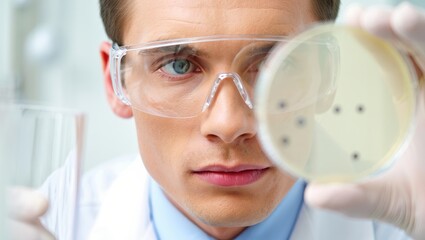 Microbiologist portrait close-up male researcher examining petri dish in sterile lab