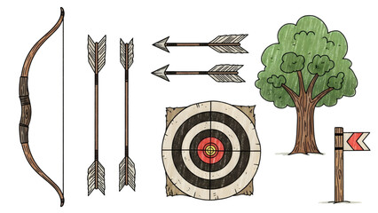 Set of archery and outdoor elements including a bow, arrows, target, tree, and directional sign