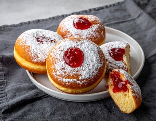 Close-up of freshly baked and sweet jelly-filled donuts dusted with powdered sugar
