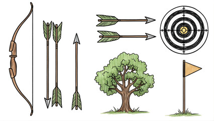 Archery sport equipment set with a bow, arrows, target, tree, and a flag marker for outdoor practice or recreation concepts