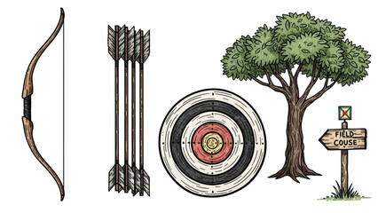 A comprehensive set of hand-drawn illustrations featuring essential archery equipment like a bow, arrows, and a target for outdoor sport and recreation