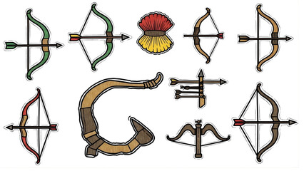 A collection of various historical archery weapons including different types of bows, arrows, a crossbow, and a quiver isolated on a white background