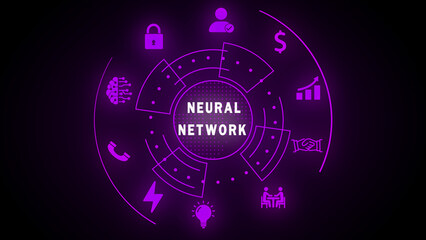 Purple Neural Network Technology Concept with Icons and Circular Diagram artificial intelligence machine learning