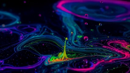 Macro view of vibrant neon fluid dynamics. Fluorescent inks swirl and splash in hypnotic patterns with numerous bubbles against a dark, abstract background. - Powered by Adobe