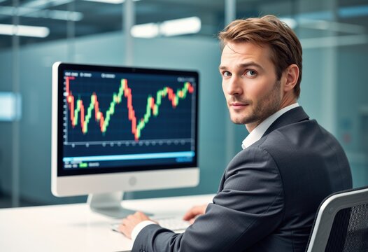 Financial analyst reviews market trends on a large monitor in a modern office